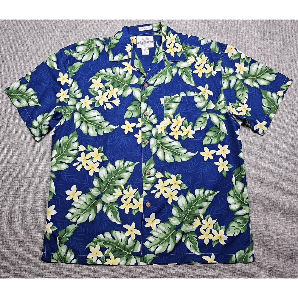 Sunset Breeze Shirt Mens XL Blue Hawaiian Floral Camp Button Front Microfiber